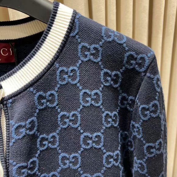 Gucci GG Logo Monogram Striped Jacquard Knit Cotton Cardigan in Navy size Small - Picture 6 of 8